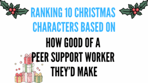 Minimalist Christmas-themed graphic with holly, gift illustrations, and bold text reading “Ranking 10 Christmas Characters Based on How Good of a Peer Support Worker They’d Make.”