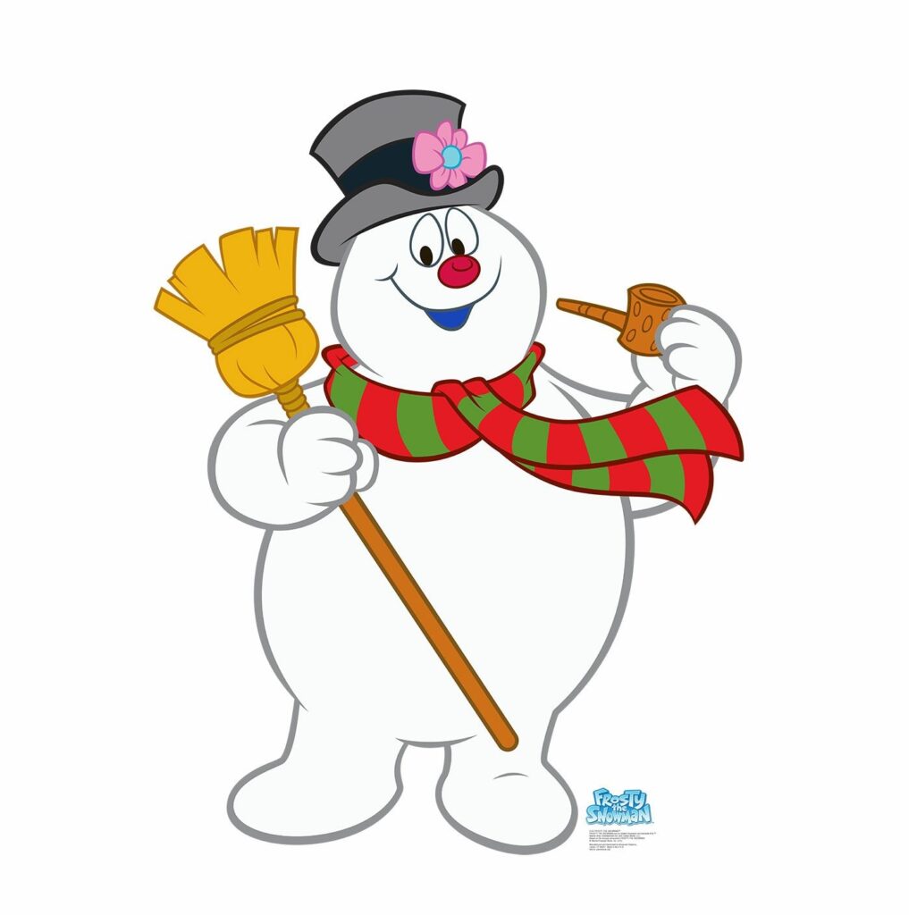 Frosty the Snowman smiling cheerfully while holding a broomstick and his corncob pipe, wearing a top hat and a red-and-green striped scarf.