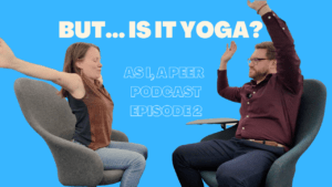 Lora Pesant and Jeff Turner seated in chairs with arms raised, demonstrating laughter yoga during an As I, A Peer podcast episode about anxiety, joy, and mental health