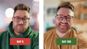 Jeff Turner comparing day 0 and day 100 after he practiced gratitude for 100 days, showing visible emotional shift.