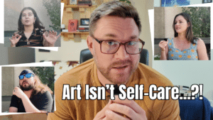 Jeff Turner interviewing local creators in Calgary at Park(ing) Day about whether art is self-care